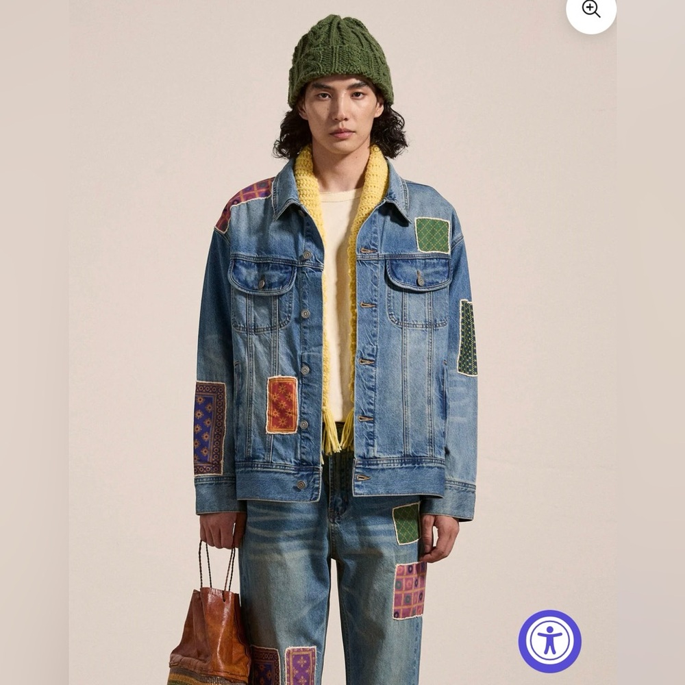 Found Kantha Patchwork Denim Trucker Jean Jacket Size XL NWOT